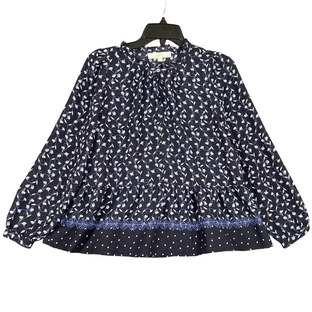 LOFT Peplum‎ Blouse Shirt Womens SP Blue Petites Floral Business Casual Cottage